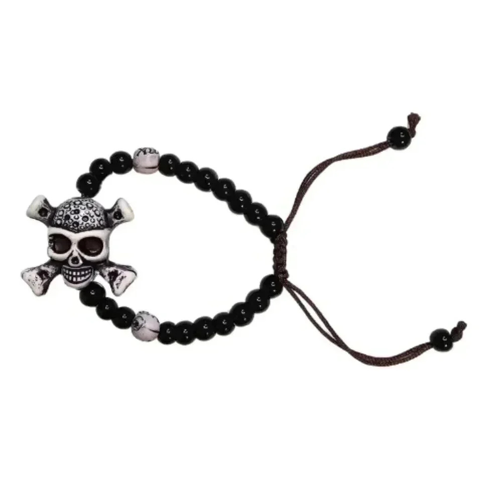 Skull Black Bead Braided Rope Bracelet Adjustable Goth Halloween B5‎